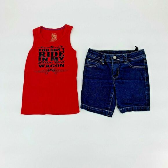 Faded Glory Tank Jean Shorts Outfit Ribbed Can’t Ride In My Wagon Sz 6-6X - Picture 1 of 8